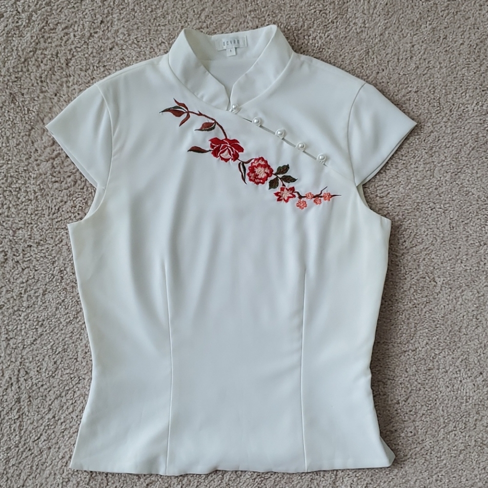 Devan Vintage Mandarin Collar Embroidered Blouse